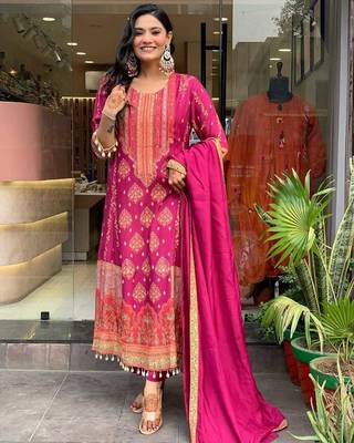 Anarkali cotton printed hand work embroidered kurta with pant and dupatta for women  2