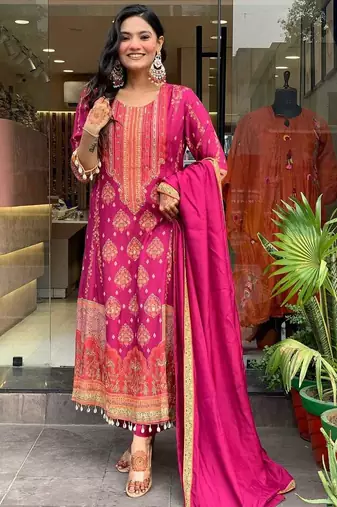 Anarkali cotton printed hand work embroidered kurta with pant and dupatta for women 