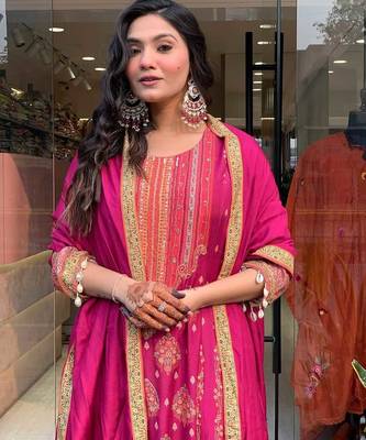 Anarkali cotton printed hand work embroidered kurta with pant and dupatta for women  3