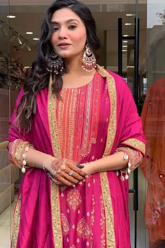 Anarkali cotton printed hand work embroidered kurta with pant and dupatta for women 