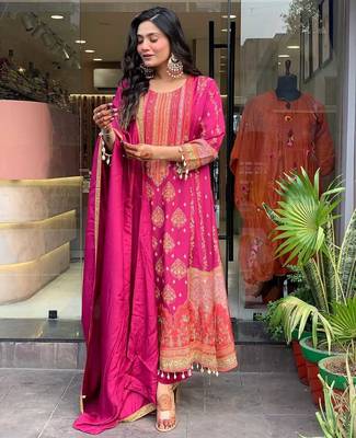 Anarkali cotton printed hand work embroidered kurta with pant and dupatta for women  5