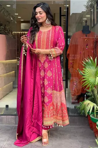 Anarkali cotton printed hand work embroidered kurta with pant and dupatta for women 