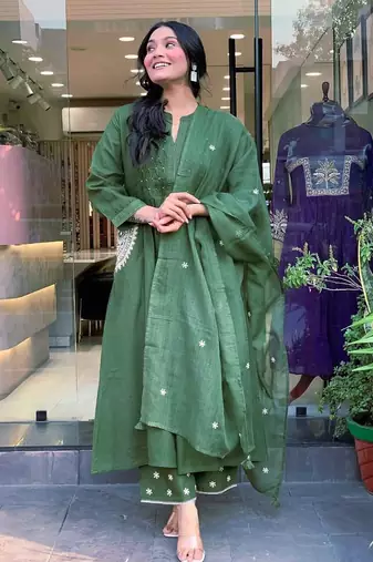 Anarkali cotton printed hand work embroidered kurta with pant and dupatta for women 