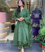 Anarkali cotton printed hand work embroidered kurta with pant and dupatta for women 