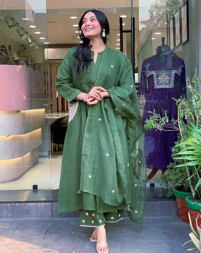 Anarkali cotton printed hand work embroidered kurta with pant and dupatta for women 