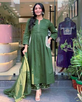 Anarkali cotton printed hand work embroidered kurta with pant and dupatta for women  2