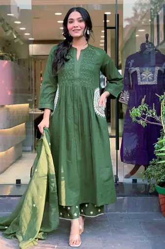 Anarkali cotton printed hand work embroidered kurta with pant and dupatta for women 