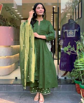Anarkali cotton printed hand work embroidered kurta with pant and dupatta for women  3