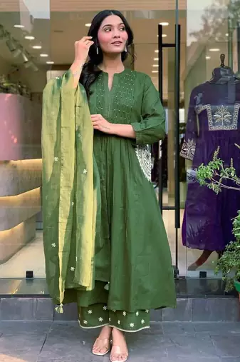 Anarkali cotton printed hand work embroidered kurta with pant and dupatta for women 