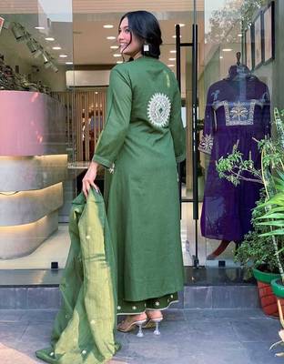 Anarkali cotton printed hand work embroidered kurta with pant and dupatta for women  4