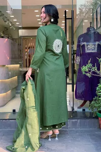 Anarkali cotton printed hand work embroidered kurta with pant and dupatta for women 