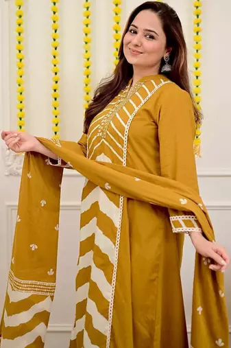 Anarkali cotton printed kurta with pant and dupatta for women 