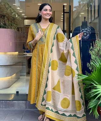Anarkali cotton printed kurta with pant and dupatta for women  3