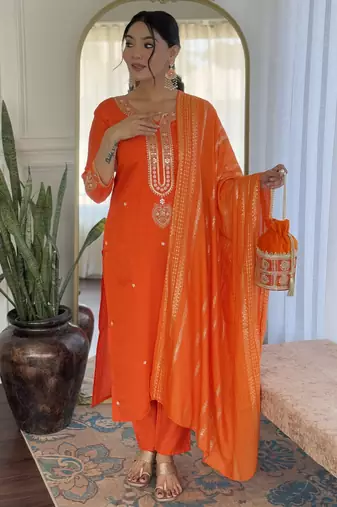 Women's orange viscose chanderi embroidered kurta pant set with jacquard dupatta