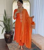 Women's orange viscose chanderi embroidered kurta pant set with jacquard dupatta