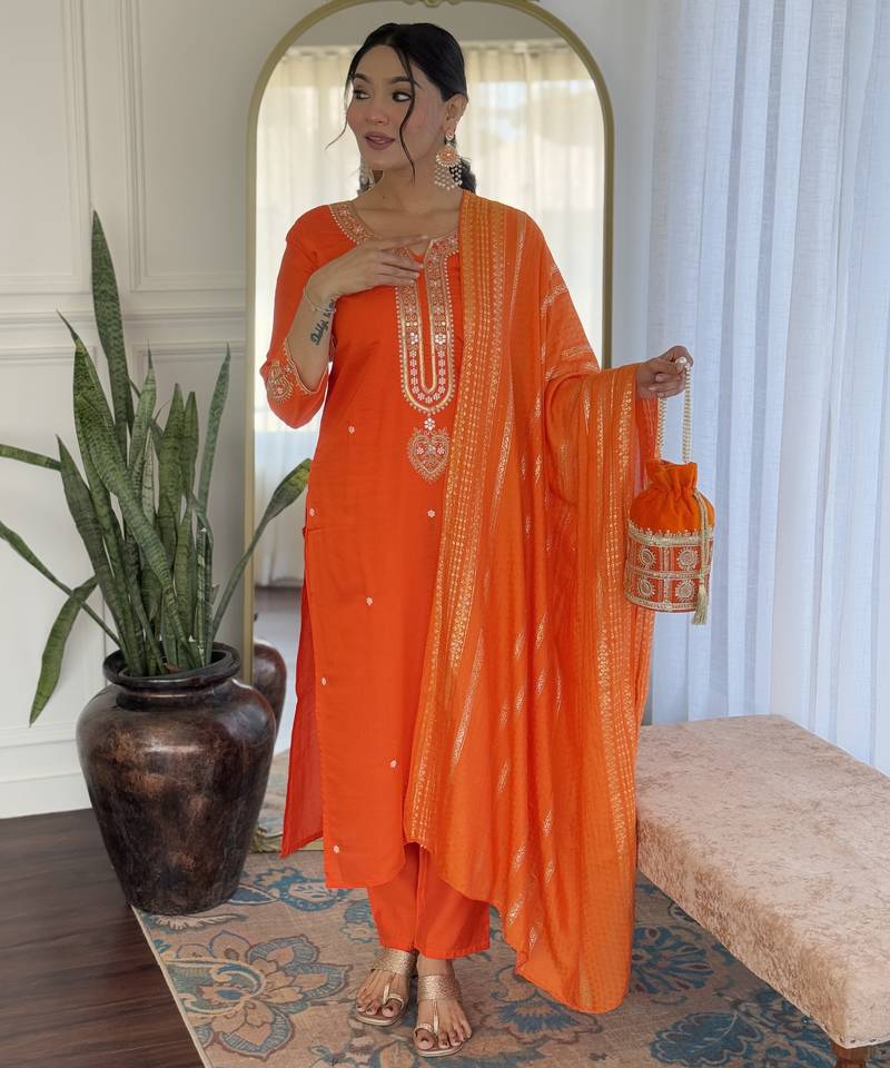 Women's orange viscose chanderi embroidered kurta pant set with jacquard dupatta
