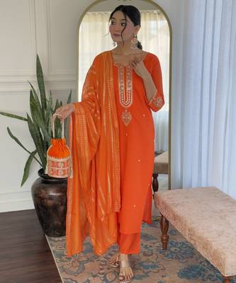 Women's orange viscose chanderi embroidered kurta pant set with jacquard dupatta 2