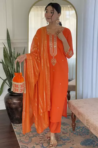 Women's orange viscose chanderi embroidered kurta pant set with jacquard dupatta