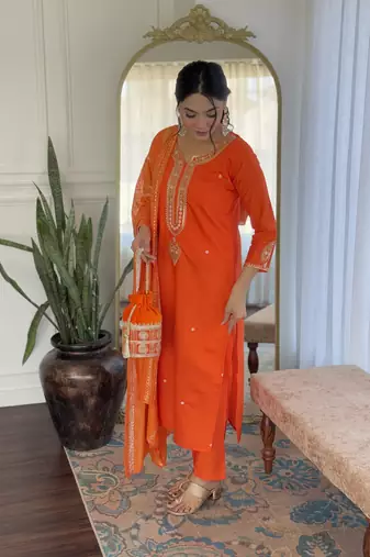 Women's orange viscose chanderi embroidered kurta pant set with jacquard dupatta