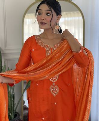 Women's orange viscose chanderi embroidered kurta pant set with jacquard dupatta 4