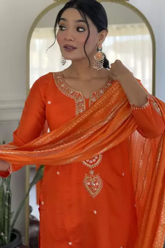 Women's orange viscose chanderi embroidered kurta pant set with jacquard dupatta