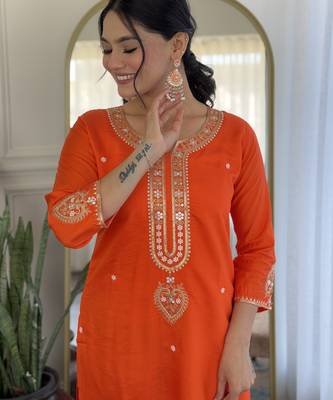 Women's orange viscose chanderi embroidered kurta pant set with jacquard dupatta 5