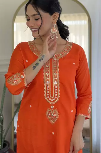 Women's orange viscose chanderi embroidered kurta pant set with jacquard dupatta