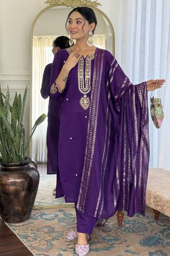 Women's royal blue viscose chanderi embroidered kurta pant set with jacquard dupatta