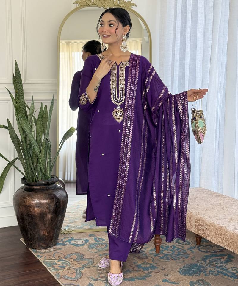 Women's royal blue viscose chanderi embroidered kurta pant set with jacquard dupatta