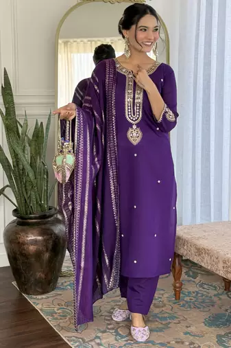Women's royal blue viscose chanderi embroidered kurta pant set with jacquard dupatta