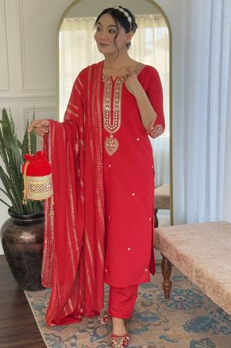 Women's red viscose chanderi embroidered kurta pant set with jacquard dupatta