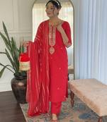 Women's red viscose chanderi embroidered kurta pant set with jacquard dupatta