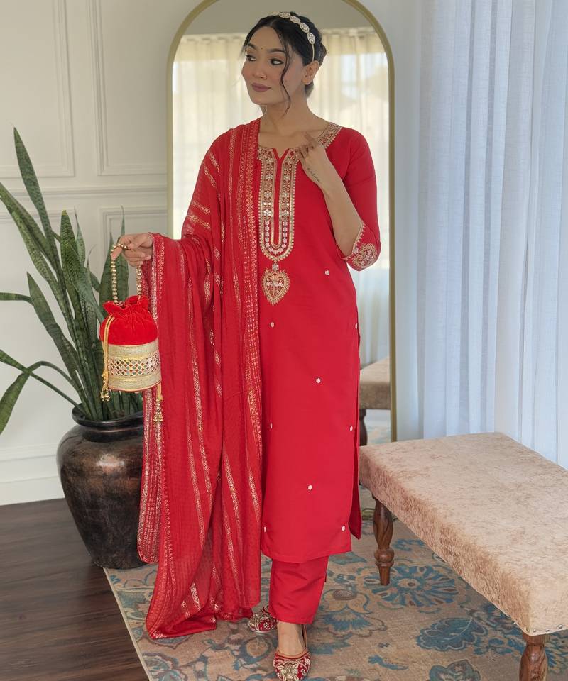 Women's red viscose chanderi embroidered kurta pant set with jacquard dupatta