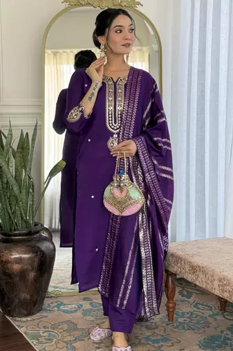 Women's royal blue viscose chanderi embroidered kurta pant set with jacquard dupatta