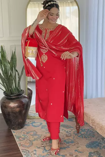 Women's red viscose chanderi embroidered kurta pant set with jacquard dupatta