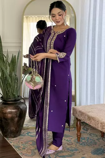 Women's royal blue viscose chanderi embroidered kurta pant set with jacquard dupatta