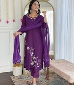 Women's purple viscose rayon embroidered kurta pant set with chinon dupatta