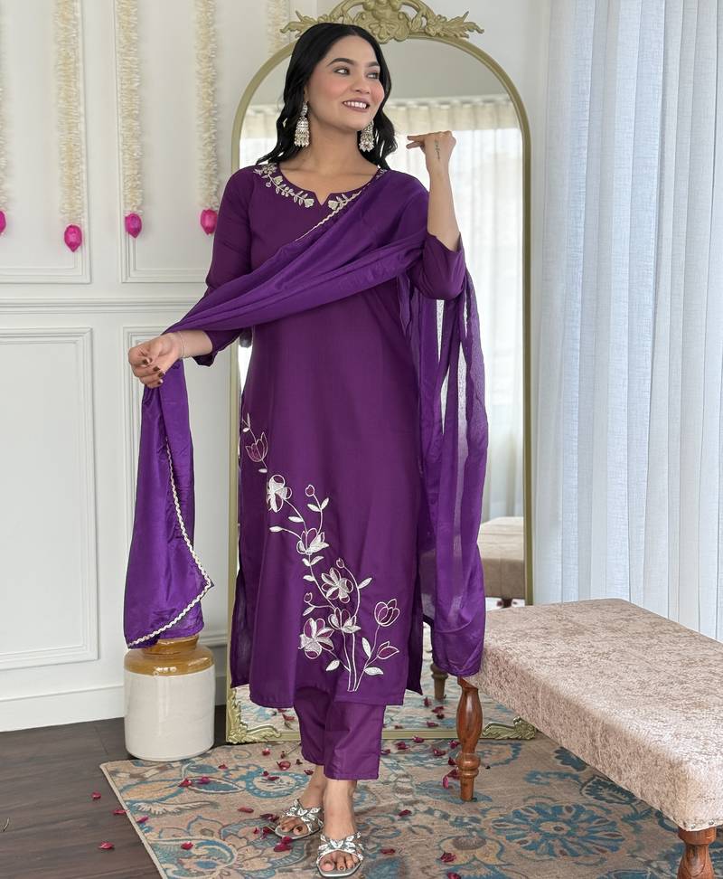 Women's purple viscose rayon embroidered kurta pant set with chinon dupatta