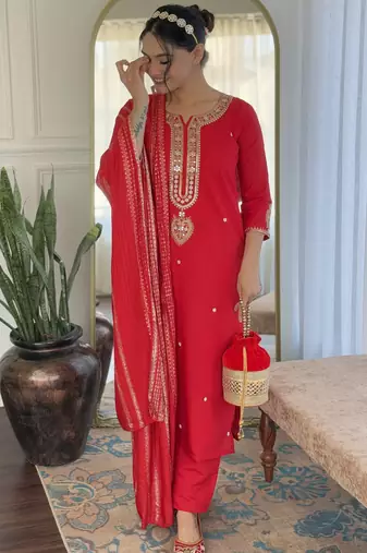 Women's red viscose chanderi embroidered kurta pant set with jacquard dupatta