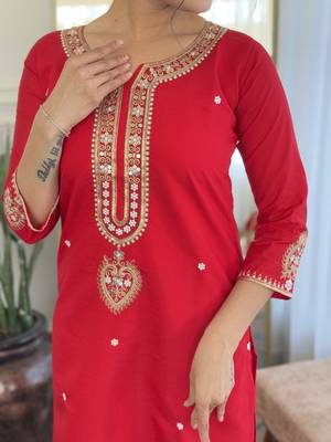 Women's red viscose chanderi embroidered kurta pant set with jacquard dupatta 5