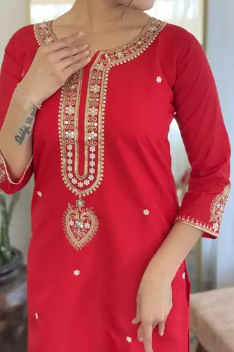 Women's red viscose chanderi embroidered kurta pant set with jacquard dupatta
