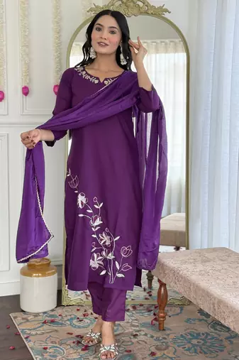 Women's purple viscose rayon embroidered kurta pant set with chinon dupatta