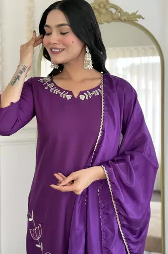 Women's purple viscose rayon embroidered kurta pant set with chinon dupatta