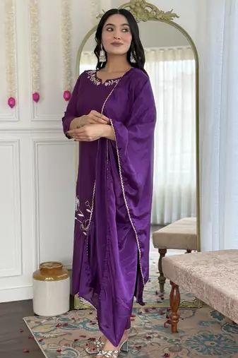 Women's purple viscose rayon embroidered kurta pant set with chinon dupatta