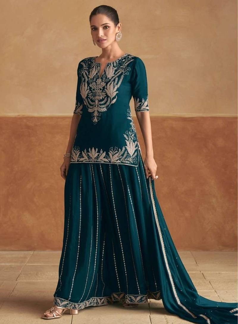 Elegant real chinon top & bottom set with embroidered dupatta | ready-to-wear designer suit