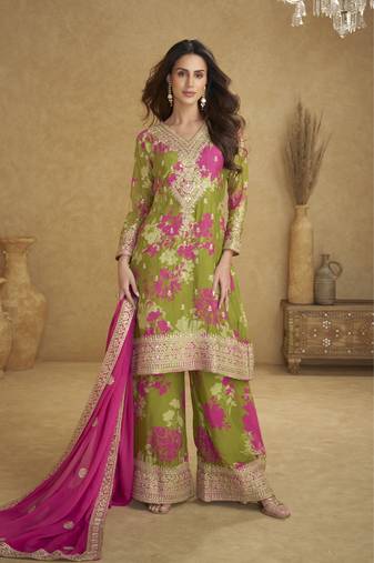 Elegant chinon embroidered readymade suit set with dupatta