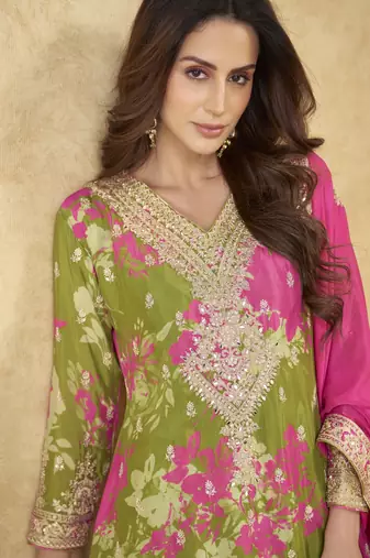 Elegant chinon embroidered readymade suit set with dupatta