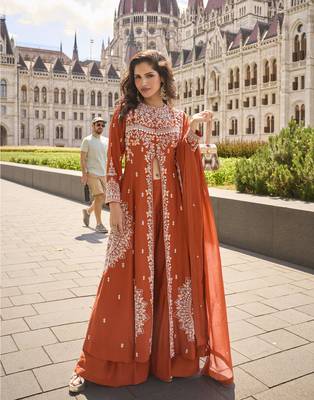 Real premium silk & organza heavy embroidered front-cut kurta set with palazzo & dupatta 1