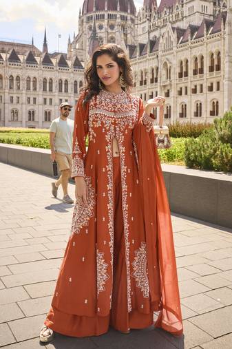 Real premium silk & organza heavy embroidered front-cut kurta set with palazzo & dupatta