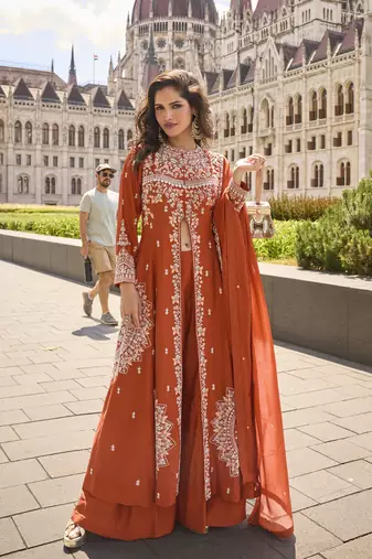 Real premium silk & organza heavy embroidered front-cut kurta set with palazzo & dupatta